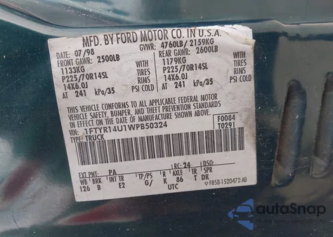 1998 Ford Ranger Splash/Xl/Xlt from USA, damaged, VIN 1FTYR14U1WPB50324